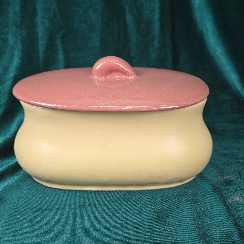 Vintage Brush‎ USA Pottery P28 Covered Bowl Yellow Pink Palette Logo